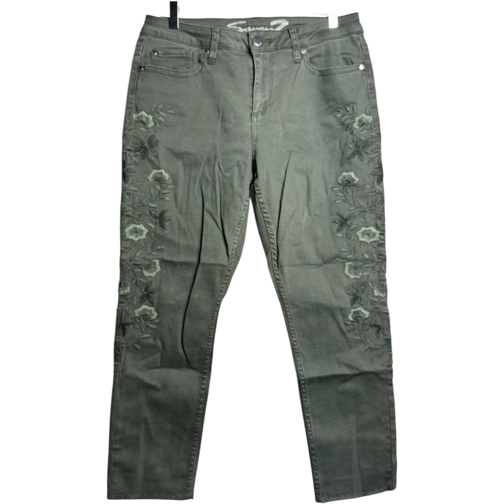 Seven7 Dusty Olive Embroidered Skinny Jeans Ripped In Inseam Womens Size 12